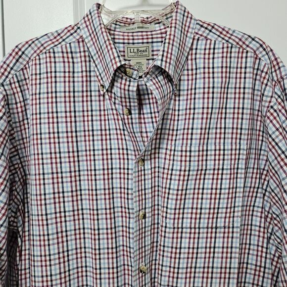 L.L Bean Wrinkle Resistant Button Up Shirt Men's Lg Blue Red White Check Pocket - Picture 2 of 8